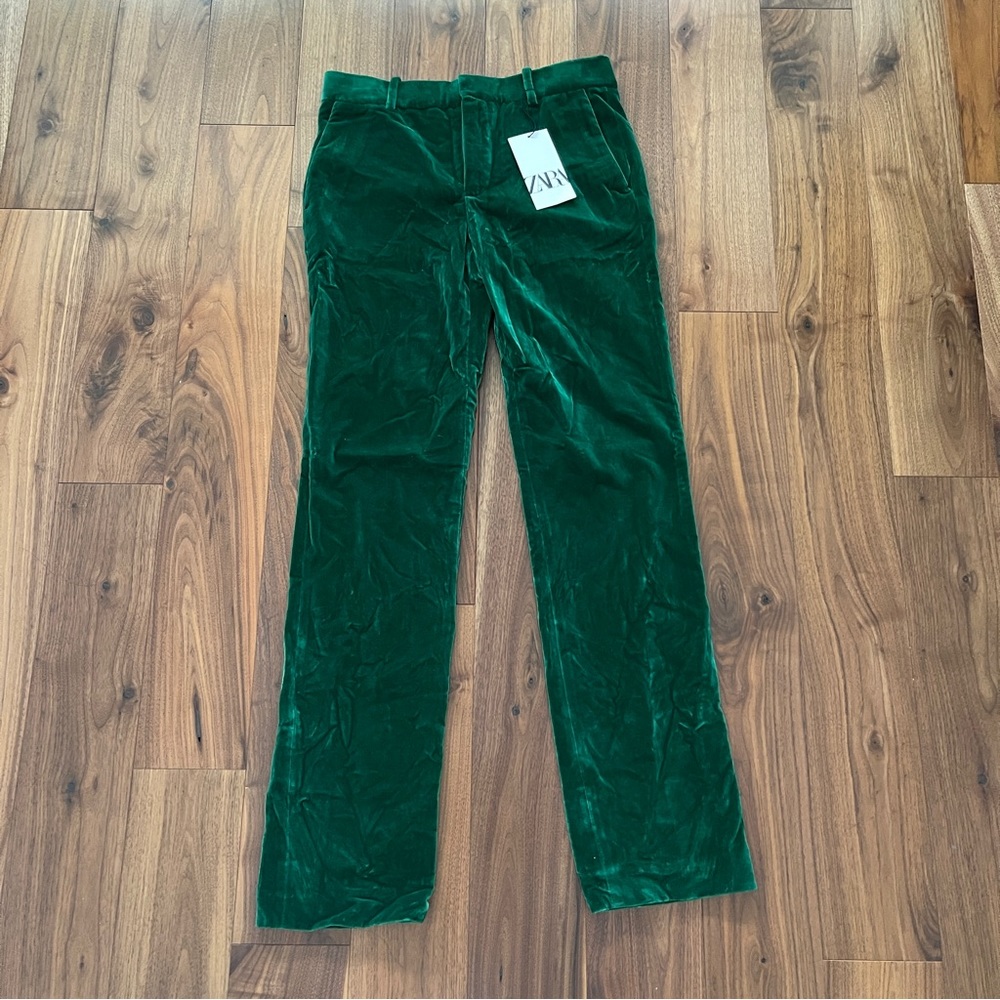 ZARA NEW WOMAN HIGH WAISTED STRAIGHT VELVET TROUSERS PANT GREEN